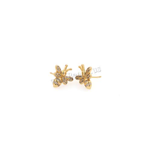 Boucles d'oreilles en laiton zircon cubique pavent, abeille, Placage de couleur d'or, bijoux de mode & pavé de micro zircon & pour femme, protéger l'environnement, sans nickel, plomb et cadmium, 14.60x14.60x2.50mm, Vendu par paire