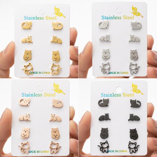 Stainless Steel Stud Earrings, 304 Stainless Steel, Cat, Vacuum Ion Plating, fashion jewelry & for woman, more colors for choice, 4Pairs/Set, Sold By Set