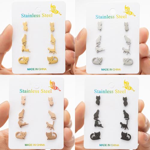 Stainless Steel Stud Earrings, 304 Stainless Steel, Cat, Vacuum Ion Plating, fashion jewelry & for woman, more colors for choice, 4Pairs/Set, Sold By Set