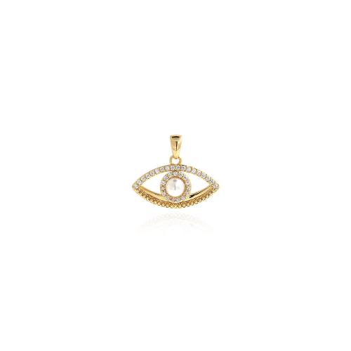 Cubique Pendentif en laiton zircon pavent, avec perle de plastique, Mauvais œil, Placage de couleur d'or, DIY & pavé de micro zircon, protéger l'environnement, sans nickel, plomb et cadmium, 16.50x20x5.50mm, Vendu par PC