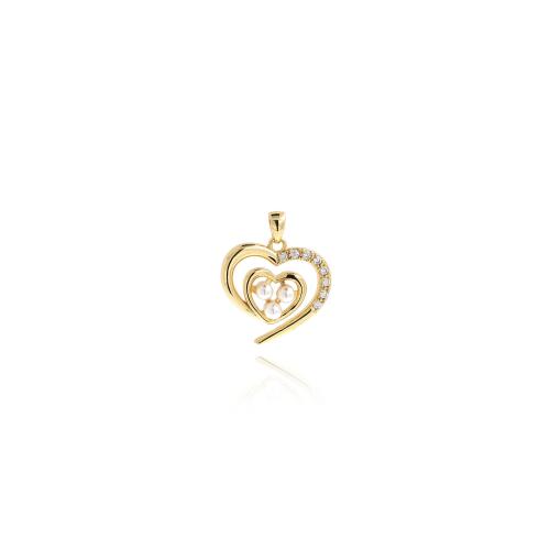 Cubic Zirconia Micro Pave Brass Pendant, with Plastic Pearl, Heart, gold color plated, DIY & micro pave cubic zirconia, nickel, lead & cadmium free, 23.50x19.50x4.60mm, Sold By PC