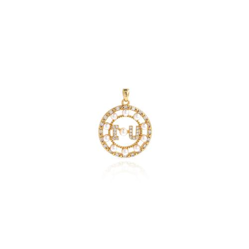 Cubic Zirconia Micro Pave Brass Pendant, with Plastic Pearl, gold color plated, DIY & micro pave cubic zirconia, nickel, lead & cadmium free, 30x23x5mm, Sold By PC