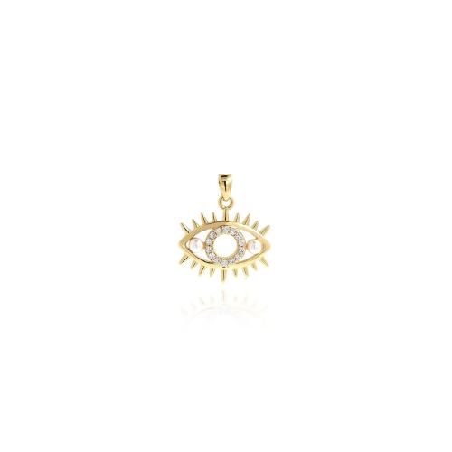 Cubic Zirconia Micro Pave Brass Pendant, with Plastic Pearl, Evil Eye, gold color plated, DIY & micro pave cubic zirconia, nickel, lead & cadmium free, 23x19x4mm, Sold By PC