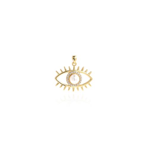 Cubic Zirconia Micro Pave Brass Pendant, with Plastic Pearl, Evil Eye, gold color plated, DIY & micro pave cubic zirconia, nickel, lead & cadmium free, 26.50x25.50x8mm, Sold By PC