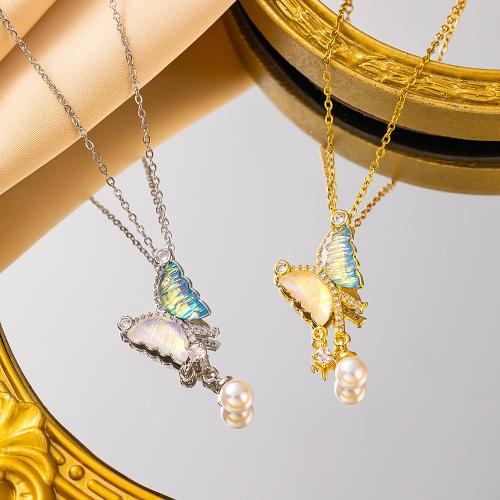 Titanium Steel Necklace, with Plastic Pearl, Butterfly, plated, for woman & enamel & with rhinestone, more colors for choice, Length:45 cm, Sold By PC