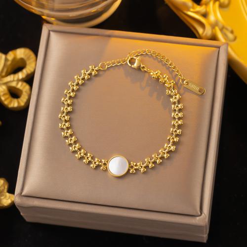 Pulsera de acero de titanio, Partículas de acero, con Nácar Blanca, chapado en color dorado, diferentes estilos para la opción & para mujer, más colores para la opción, longitud:15 cm, Vendido por UD