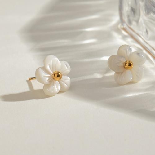 Stainless Steel Stud Earrings 304 Stainless Steel with Shell Flower gold color plated fashion jewelry golden Sold By Pair