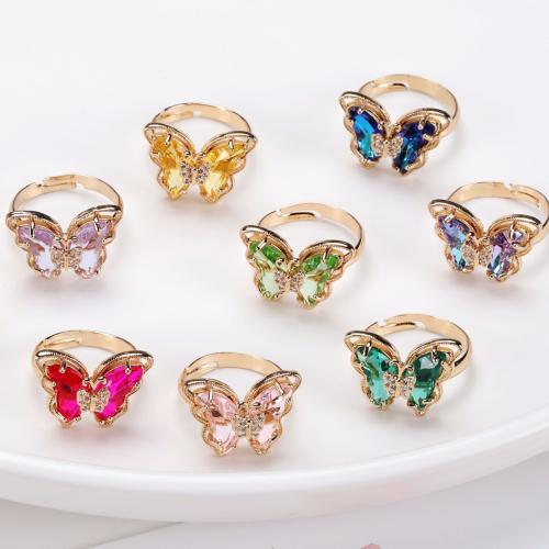 Bague en laiton, avec cristal, papillon, Placage, pour femme, plus de couleurs à choisir, 5PC/sac, Vendu par sac