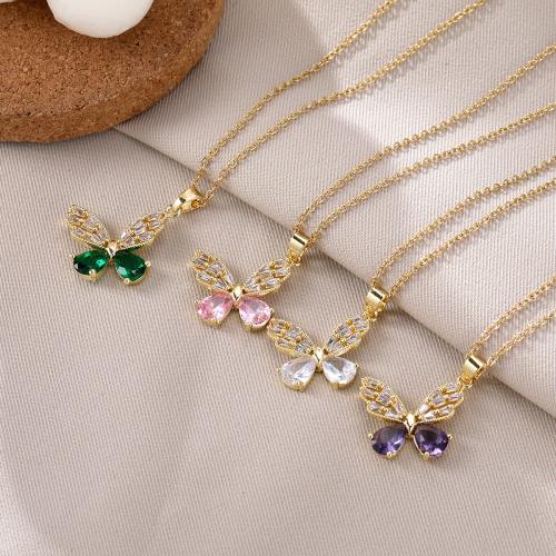 Cubic Zircon Micro Pave Brass Necklace with Titanium Steel Butterfly plated micro pave cubic zirconia & for woman Sold By PC