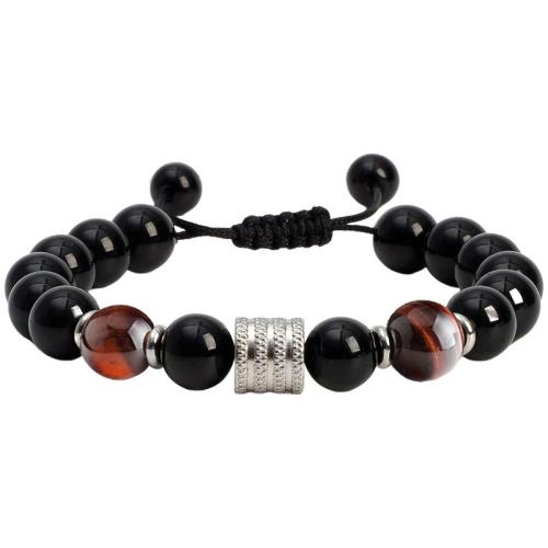 Gemstone Bracelets, 304 Stainless Steel, with Obsidian & Polyester Cord & Tiger Eye, handmade, different styles for choice & for man, more colors for choice, Length:Approx 16 cm, Sold By Set