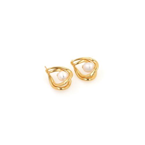 Brass Stud Earring, with Plastic Pearl, gold color plated, fashion jewelry & for woman, nickel, lead & cadmium free, 22x17x8.50mm, Sold By Pair