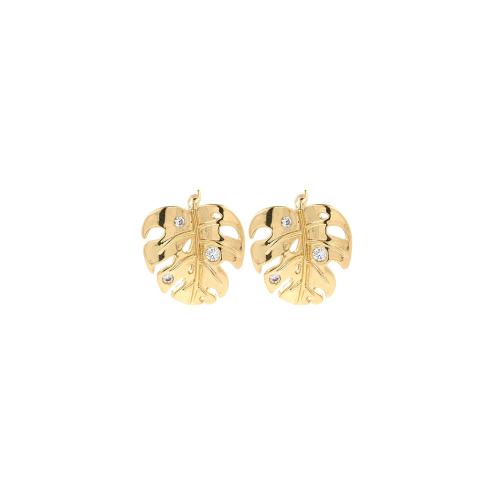 Boucles d'oreilles en laiton zircon cubique pavent, feuille, Placage de couleur d'or, bijoux de mode & pavé de micro zircon & pour femme, protéger l'environnement, sans nickel, plomb et cadmium, 13.20x14.50x2mm, Vendu par paire