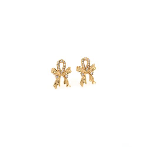 Boucles d'oreilles en laiton zircon cubique pavent, Noeud papillon, Placage de couleur d'or, bijoux de mode & pavé de micro zircon & pour femme, protéger l'environnement, sans nickel, plomb et cadmium, 13.20x10x3mm, Vendu par paire