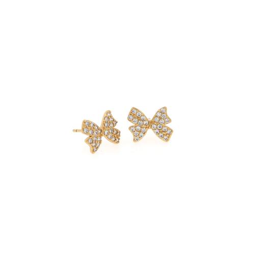 Boucles d'oreilles en laiton zircon cubique pavent, Noeud papillon, Placage de couleur d'or, bijoux de mode & pavé de micro zircon & pour femme, protéger l'environnement, sans nickel, plomb et cadmium, 11.30x9.30x1.80mm, Vendu par paire