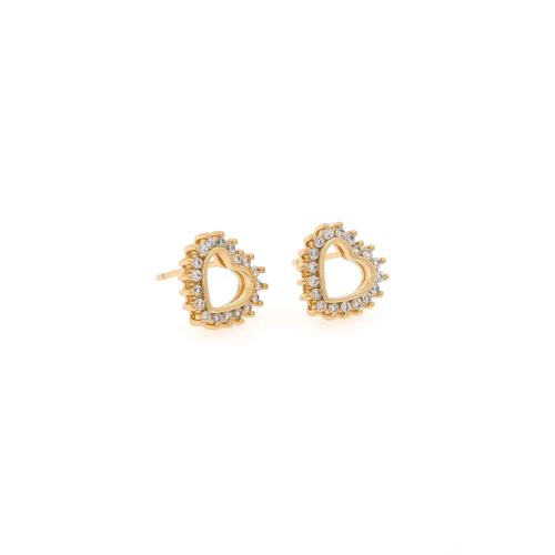 Boucles d'oreilles en laiton zircon cubique pavent, coeur, Placage de couleur d'or, bijoux de mode & pavé de micro zircon & pour femme, protéger l'environnement, sans nickel, plomb et cadmium, 11x10.50x3.50mm, Vendu par paire