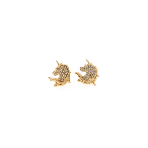 Boucles d'oreilles en laiton zircon cubique pavent, Licorne, Placage de couleur d'or, bijoux de mode & pavé de micro zircon & pour femme, protéger l'environnement, sans nickel, plomb et cadmium, 13.50x13x1.50mm, Vendu par paire