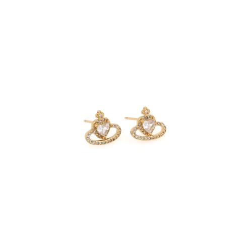 Boucles d'oreilles en laiton zircon cubique pavent, coeur, Placage de couleur d'or, bijoux de mode & pavé de micro zircon & pour femme, protéger l'environnement, sans nickel, plomb et cadmium, 12x10x3.50mm, Vendu par paire