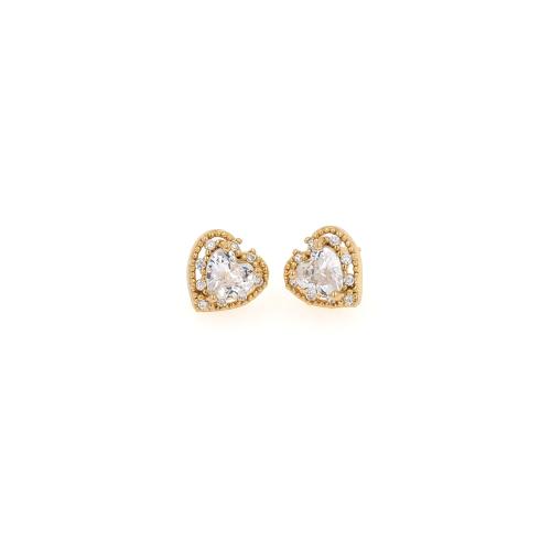 Boucles d'oreilles en laiton zircon cubique pavent, coeur, Placage de couleur d'or, bijoux de mode & pavé de micro zircon & pour femme, protéger l'environnement, sans nickel, plomb et cadmium, 10.50x10x4mm, Vendu par paire