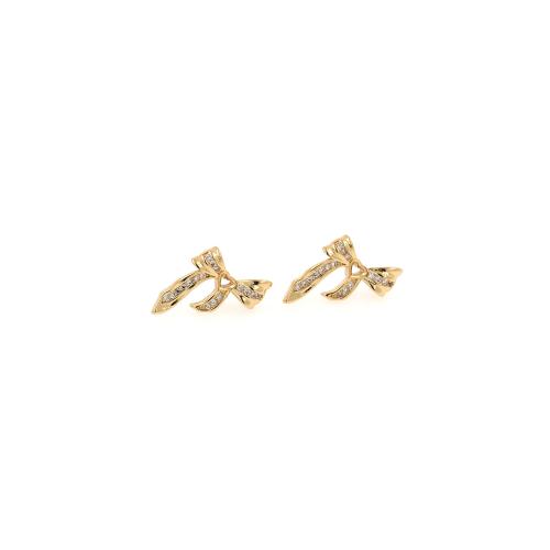 Boucles d'oreilles en laiton zircon cubique pavent, Noeud papillon, Placage de couleur d'or, bijoux de mode & pavé de micro zircon & pour femme, protéger l'environnement, sans nickel, plomb et cadmium, 11.50x9.50x3.50mm, Vendu par paire