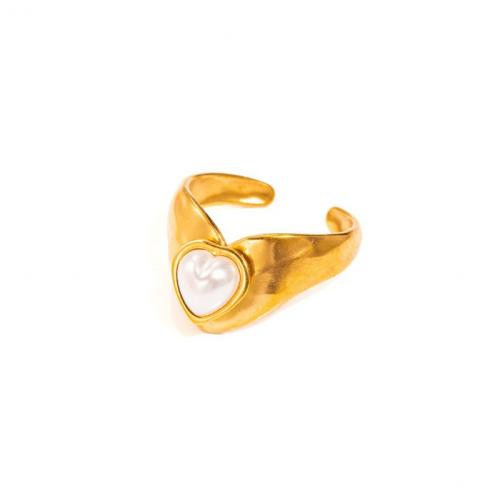 Titanium Steel Finger Ring, with Plastic Pearl, gold color plated, fashion jewelry, gold, Sold By PC