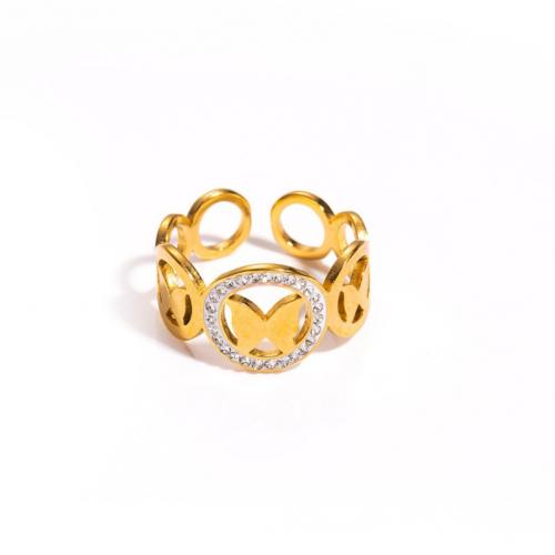 Anillo de dedo de Titantium Acero, Partículas de acero, chapado en color dorado, Joyería & con diamantes de imitación, dorado, Vendido por UD