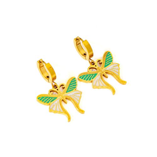 Titanium Steel  Earring, Butterfly, gold color plated, fashion jewelry & enamel & with rhinestone, gold, 23x35mm, Sold By Pair