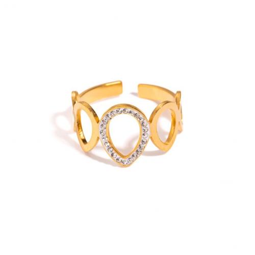 Titanium Steel Finger Ring, gold color plated, fashion jewelry & with rhinestone, gold, Sold By PC