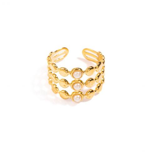 Titanium Steel Finger Ring with Plastic Pearl gold color plated fashion jewelry & with rhinestone gold Sold By PC