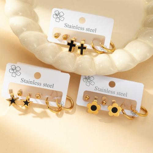 Stainless Steel Stud Earrings, 304 Stainless Steel, gold color plated, three pieces & fashion jewelry & different designs for choice & enamel, gold, Sold By Set