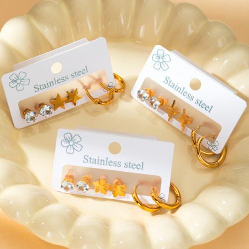 Roestvrij staal Stud Earrings, 304 roestvrij staal, gold plated, drie stuks & mode sieraden & verschillende ontwerpen voor de keuze & met strass, goud, Verkocht door Stel