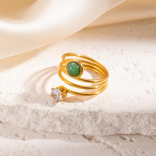 Stainless Steel Finger Ring, 304 Stainless Steel, with Malachite, gold color plated, fashion jewelry & with rhinestone, golden, Sold By PC