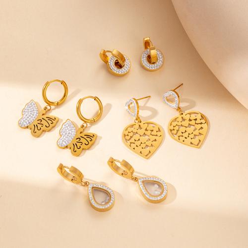 Titanium Steel  Earring gold color plated fashion jewelry & with rhinestone golden Sold By Pair