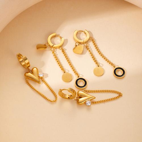 Titanium Steel  Earring gold color plated fashion jewelry & with rhinestone golden Sold By Pair