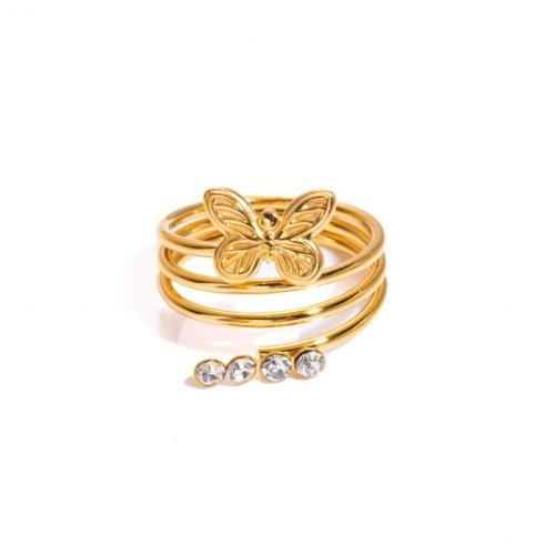 Titanium Steel Finger Ring gold color plated fashion jewelry & with rhinestone golden Sold By PC