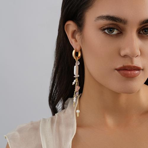 Brass Drop Earring, with Natural Stone & Plastic Pearl, gold color plated, fashion jewelry, golden, nickel, lead & cadmium free, 13x111mm, Sold By Pair