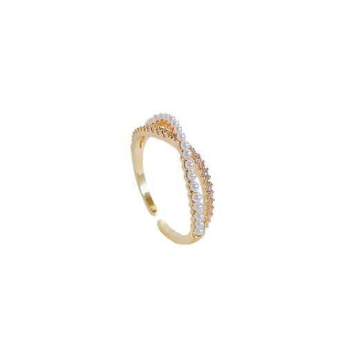 Cubi Circonia Micro Pave anello in ottone, with perla in plastica, placcato, Micro spianare cubic zirconia & per la donna, oro, Venduto da PC