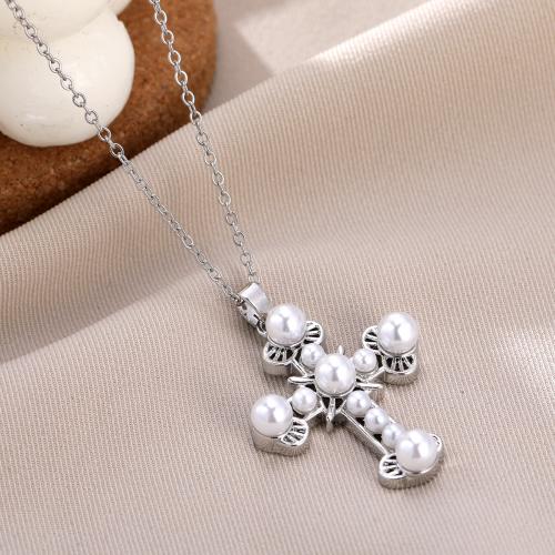 Brass Necklace, with Plastic Pearl, Cross, plated, different styles for choice & for woman, more colors for choice, Sold By PC