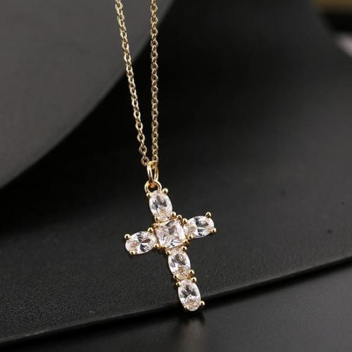 Cubic Zircon Micro Pave Brass Necklace, Cross, plated, micro pave cubic zirconia & for woman, gold, Length:Approx 21-50 cm, Sold By PC