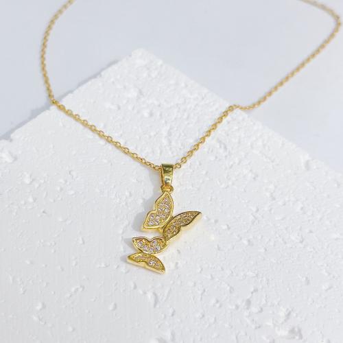 Cubic Zircon Micro Pave Brass Necklace, with Titanium Steel, with 5CM extender chain, Butterfly, plated, micro pave cubic zirconia & for woman, golden, Length:Approx 40 cm, Sold By PC