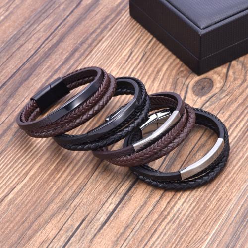 PU Leather Cord Bracelets Zinc Alloy with Magnet & PU Leather & 304 Stainless Steel Vacuum Ion Plating three layers & for man nickel lead & cadmium free Length 21 cm Sold By PC