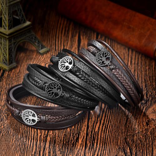 PU Leather Cord Bracelets Zinc Alloy with PU Leather & 304 Stainless Steel Vacuum Ion Plating multilayer & for man nickel lead & cadmium free Length 21 cm Sold By PC