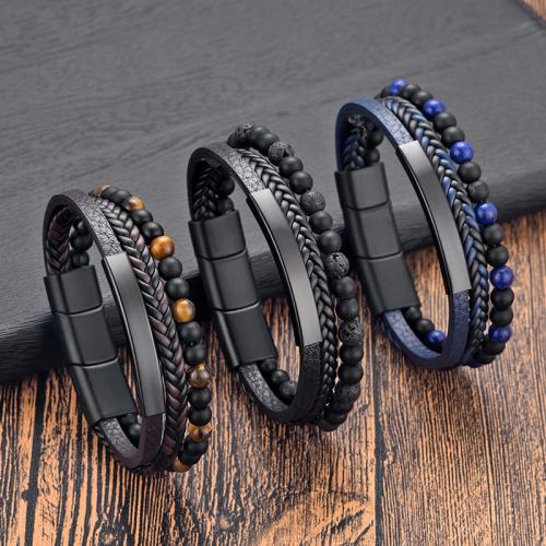 PU Leather Cord Bracelets, Tibetan Style, with Obsidian & PU Leather & Lava & Tiger Eye & 304 Stainless Steel, Vacuum Ion Plating, three layers & for man, more colors for choice, nickel, lead & cadmium free, Sold By PC