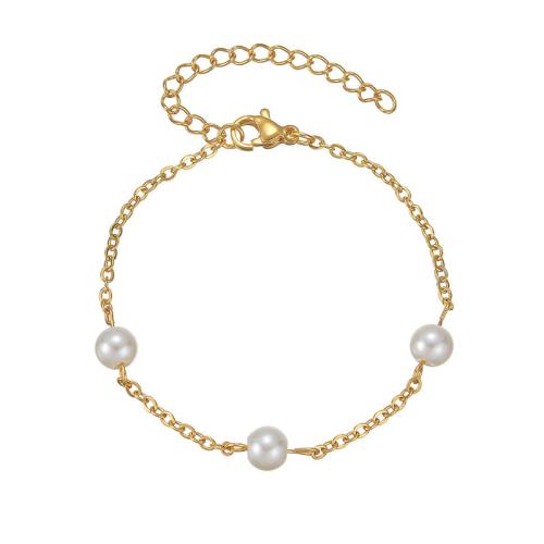 Stainless Steel Jewelry Bracelet, 304 Stainless Steel, with Plastic Pearl, with 5cm extender chain, fashion jewelry & for woman, golden, Length:Approx 16 cm, Sold By PC