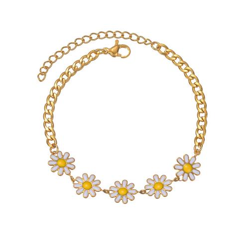 Stainless Steel Jewelry Bracelet, 304 Stainless Steel, with 5cm extender chain, Daisy, fashion jewelry & for woman & enamel, golden, Length:Approx 17 cm, Sold By PC