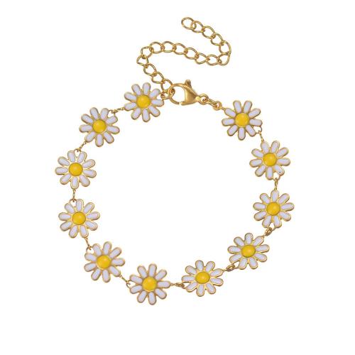 Bijoux bracelet en acier inoxydable, Acier inoxydable 304, avec 5cm chaînes de rallonge, margueritepâquerette, bijoux de mode & pour femme & émail, doré, Longueur:Environ 15.5 cm, Vendu par PC