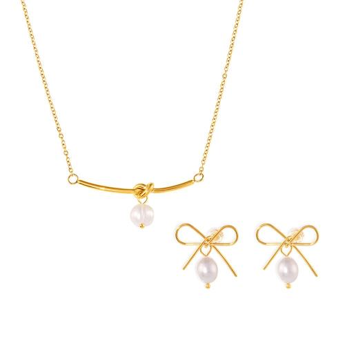 Fashion Stainless Steel Jewelry Sets 304 Stainless Steel with Freshwater Pearl with 5cm extender chain Bowknot fashion jewelry & for woman golden Length Approx 43 cm Sold By PC