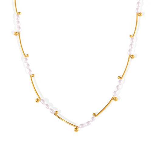 Collier d'acier titane, avec perle de plastique, avec 7cm chaînes de rallonge, bijoux de mode & pour femme, doré, Longueur:Environ 43 cm, Vendu par PC