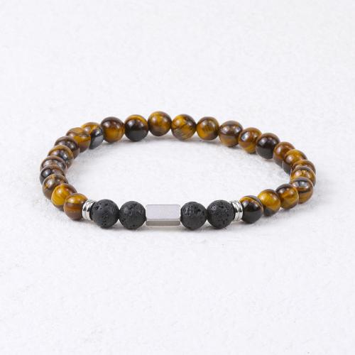 Natural Tiger Eye pulseiras, olho de tigre, with Rochas vulcânicas & Aço inoxidável 304, joias de moda & para o homem, comprimento Aprox 19 cm, vendido por PC