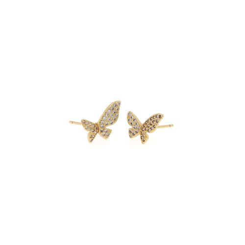 Boucles d'oreilles en laiton zircon cubique pavent, papillon, Placage de couleur d'or, bijoux de mode & pavé de micro zircon & pour femme, protéger l'environnement, sans nickel, plomb et cadmium, 10.30x12.50x1.50mm, Vendu par paire