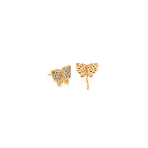 Boucles d'oreilles en laiton zircon cubique pavent, papillon, Placage de couleur d'or, bijoux de mode & pavé de micro zircon & pour femme, protéger l'environnement, sans nickel, plomb et cadmium, 10.50x8.50x1.50mm, Vendu par paire